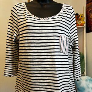 Anthropologie Postmark Black White Striped 3/4 Sleeve Top Size Large